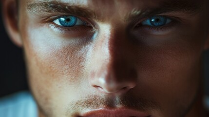 Fototapeta premium Close-up portrait of a man with piercing blue eyes, his skin smooth and glowing, his expression calm and confident.