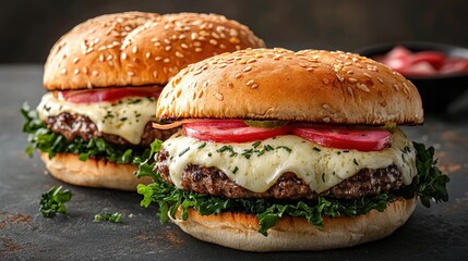 Delicious cheeseburgers with fresh lettuce tomato and melted cheese on sesame seed buns served on dark slate surface for fast food meal