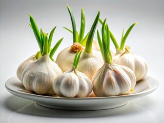 Fresh Young Garlic Cloves, White Background, Food Photography, Culinary Image, Garlic Bulbs, Spring Garlic, Isolated Garlic