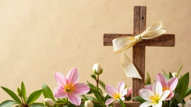 Wooden cross with ribbon and spring flowers on beige background for Easter greeting.