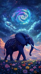 Obraz premium Celestial elephant walks through vibrant flowers under swirling galaxy.