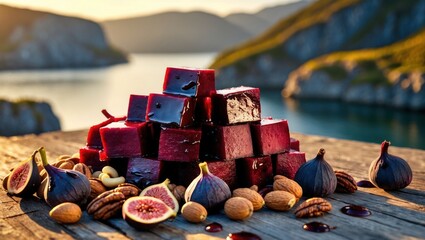 Stack of Candy Cubes with Figs and Nuts by the Sea