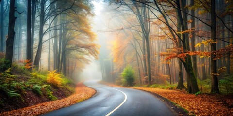 zigzagging road through fog,autumn forest,  ,autumn forest, dense foliage, winding path