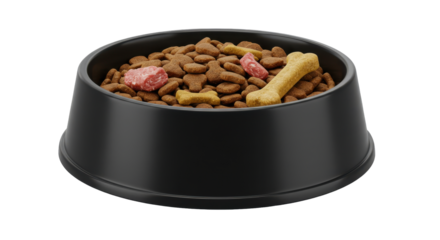 A full dog bowl brimming with kibble treats  meaty chunks
