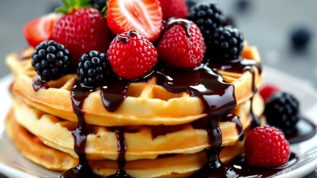 Close-up of a stack of waffles drenched in rich chocolate sauce, topped with a colorful array of fresh strawberries, raspberries, and blackberries.