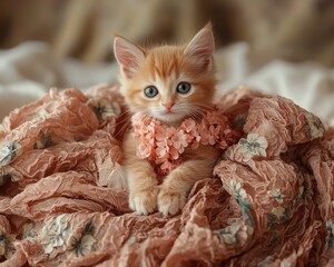 Adorable ginger kitten adorned with floral collar resting on a soft blanket