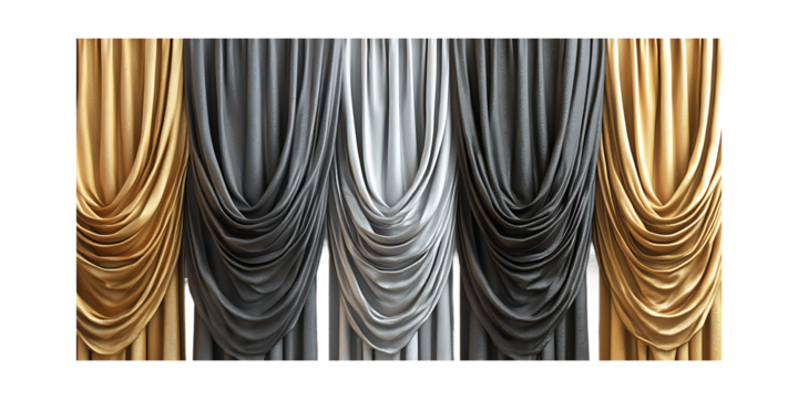 Shop luxury window curtains gold grey silver drapes for living room bedroom home decor designs ideas isolated on a transparent background.
