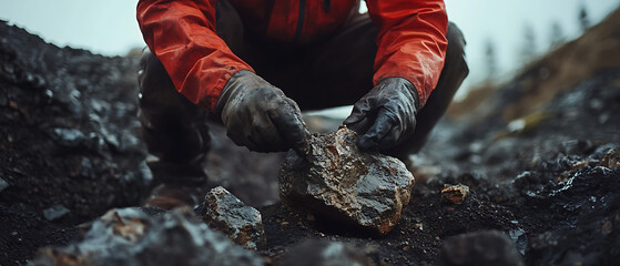 Geologist Examining Rock Formation in Outdoor Setting