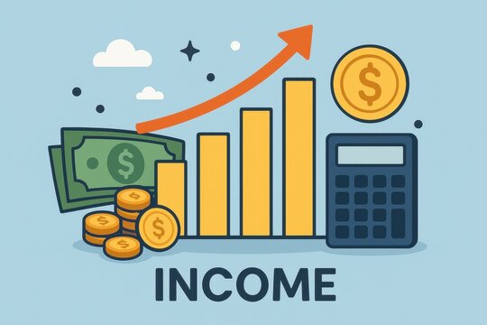 Income Growth Diagram with Money, Coins and Calculator Illustration
