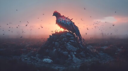 Mythical Phoenix Glowing with Patterns in a Dreamy Landscape At Sunset
