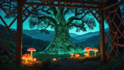 Glowing Tree and Mushrooms Scene in a Forest Setting at Night