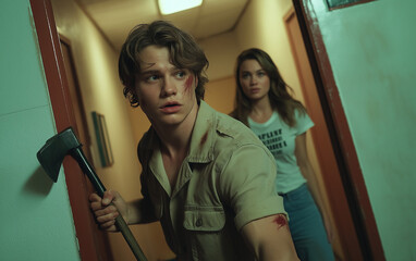 Man in Tan Jumpsuit Hitting Door with Hammer While Woman Watches Nearby