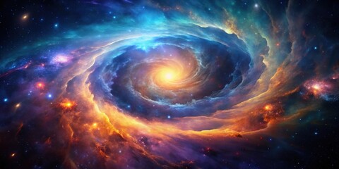 A Celestial Vortex An Enigmatic Spiral Galaxy with Vibrant Hues of Orange, Blue, and Yellow, Illuminated by a Central Radiant Core and Scattered with Sparkling Stars.