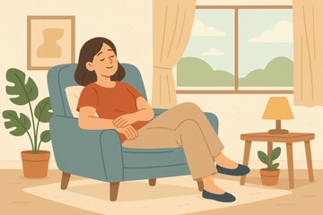 Fototapeta premium Serene Woman Relaxing in Cozy Living Room Artwork Illustration