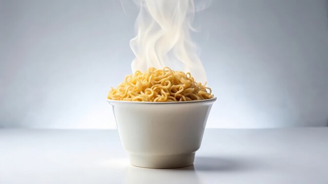 A steaming hot cup of boiled instant noodles sits atop a plain white background, with its contents sloshing around in a circular motion, boiled food, cup