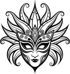 Carnival mask silhouette, Carnival mask icon black silhouette isolated on white background,Mask with feathers pictogram, Vector illustration