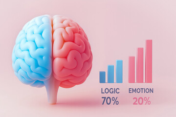 glowing semi transparent brain with bar charts shows logic at 70% and emotion at 20%, illustrating brain analytics