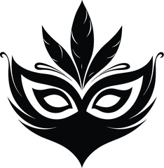 Carnival mask silhouette, Carnival mask icon black silhouette isolated on white background,Mask with feathers pictogram, Vector illustration