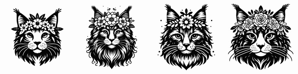 Obraz premium Maine Coon Cat head with flower crown. Silhouette logo animal mascot. Feline face adorned bloom garland giant breed portrait botanical decoration.