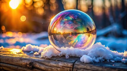 Frozen soap bubble with colorful light on wooden structure,