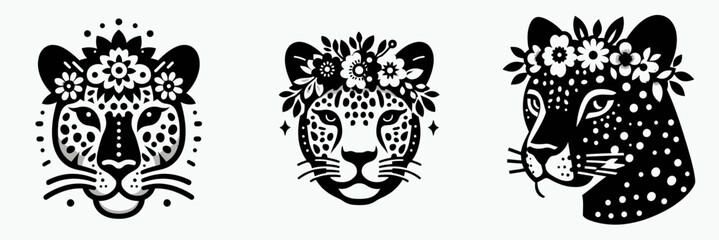 Leopard head with flower crown. Silhouette logo animal mascot. Feline portrait bloom garland wildcat visage floral coronet wild nature.