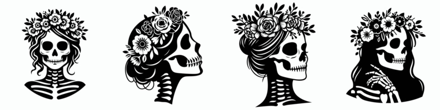 female skeleton head with flower crown. Silhouette logo animal mascot. Feminine bony cranium adorned flora circlet skull bloom headpiece decorative art.
