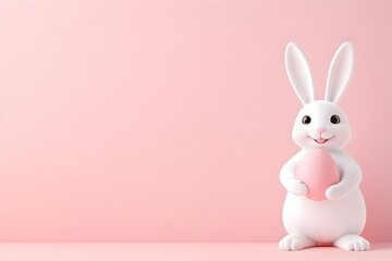 Obraz premium A cute, white, cartoon bunny holds a pink egg against a pale pink background