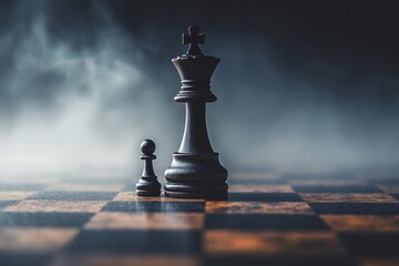 Black king and pawn chess pieces standing on chessboard with foggy dark background, representing strategy, leadership, and competition