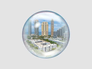 Tall residential skyscrapers appear enclosed within a transparent bubble, symbolizing the fragility, inflated pricing, and risk of the real estate market.