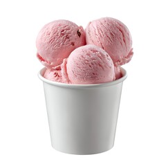 A white paper cup filled with three scoops of delicious strawberry ice cream, isolated on a clean white background