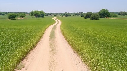 Fototapeta premium A dirt road winds through a vibrant green field under a clear blue sky, dotted with sparse trees on the horizon