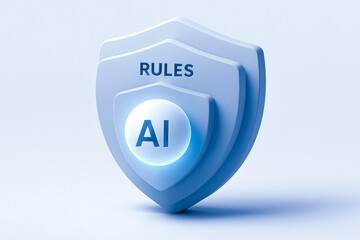 shield with word RULES and central AI core symbolizes protection and digital principles