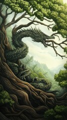 Green dragon coiled around ancient tree, forest backdrop.