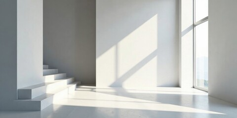 Obraz premium Sunlight Illuminates a Modern Minimalist Interior with White Walls, a Staircase, and a Large Window Offering a View