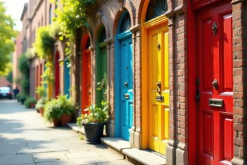 A row of brightly colored doors on a sunlit street, showcasing a vibrant array of hues and architectural details, creating a cheerful and inviting urban scene.
