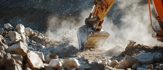 Excavator Breaking Rocks at a Construction Site