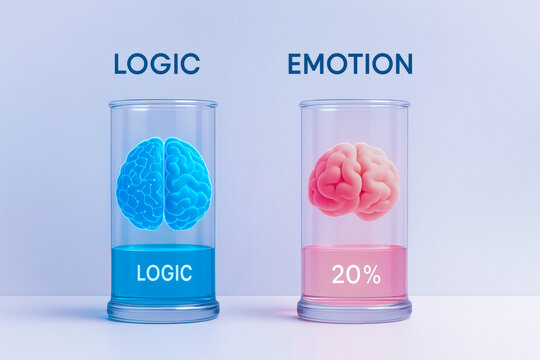 Two glass containers represent extracted brain energies&mdash;logic and emotion&mdash;each filled to different levels and labeled accordingly