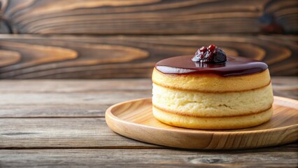 Fluffy Japanese-style souffle pancake with sweet red bean paste and condensed milk drizzle on a minimalist wooden table background, minimalist decor, wood grain