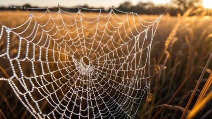 Dew Covered Spiderweb in Golden Field at Sunrise