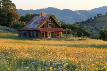 Fototapeta premium Rustic wooden house in a field of wildflowers, bathed in the golden light of sunset against a mountainous backdrop.