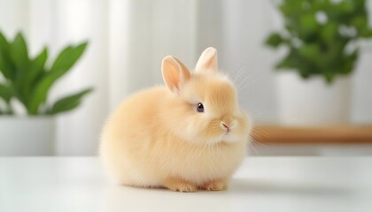 Adorable fluffy light brown bunny sitting on a white surface, surrounded by indoor plants