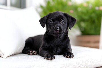 Adorable black puppy rests on a white cushion outdoors, gazing intently at the viewer