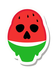 Obraz premium Stylized design of a watermelon slice resembling a skull, with red flesh, black seed like eye sockets, and a green rind, outlined in white.