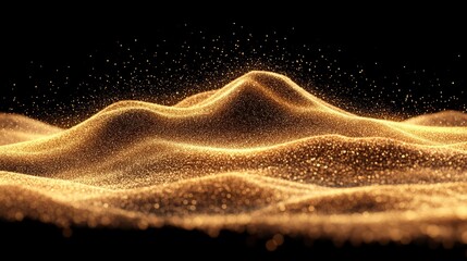 Fototapeta premium Golden Sand Dunes: Shimmering golden sand dunes under a dark sky, creating a dramatic and luxurious landscape. The fine particles of sand are illuminated, creating a magical atmosphere.