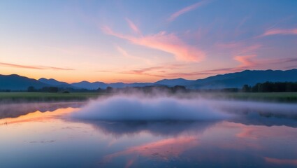 Fototapeta premium Lake Reflection at Dawn with Mist and Mountain View