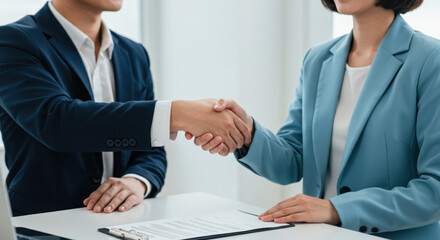 Fototapeta premium Close-Up of Business Meeting Handshake in Corporate Office with Contract Signing
