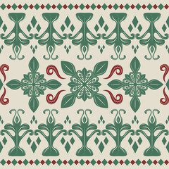 Royalty Greenish Scroll Ornament with Neatly Detailed on Beige Background. Beautiful Rainforest Vibe Inspired Pattern for Delicate Art Work Decoration Wallpaper Interior Apparel Clothes Scarf Lace Rug