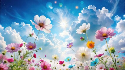 Vibrant Cosmos Flowers Reaching for a Sunny Sky Filled with Fluffy Clouds A Delightful Floral Scene