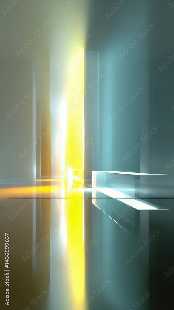 Poster a futuristic space with reflective surfaces and beams of light in various colors, creating an abstra
