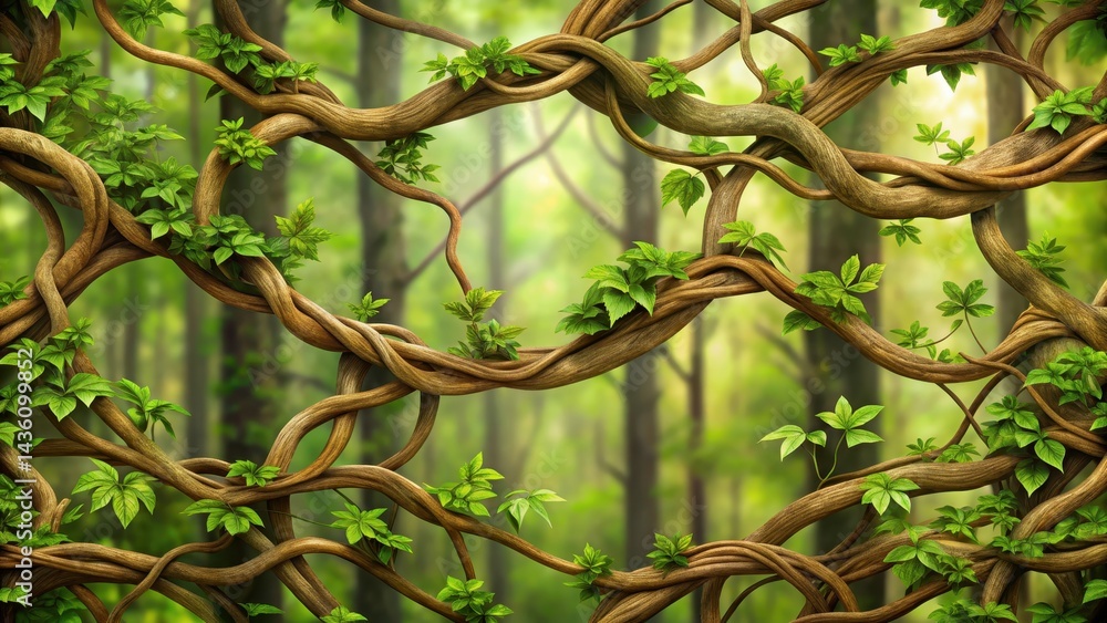 Poster twisted vine leaves merging into a seamless background with intricate patterns , forest, nature, for